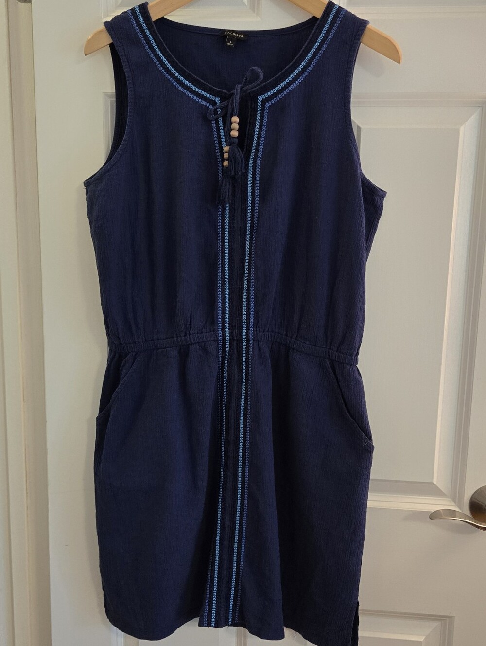 Talbots Navy 100% Cotton Coastal Dress with Embroidery and Tassel accents
